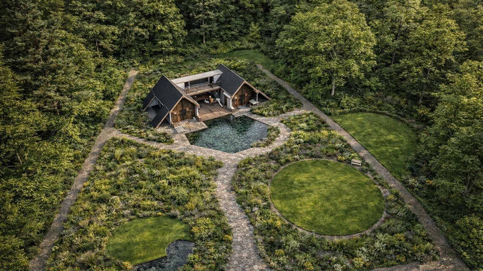 Aerial view of a forest retreat with natural swim pond