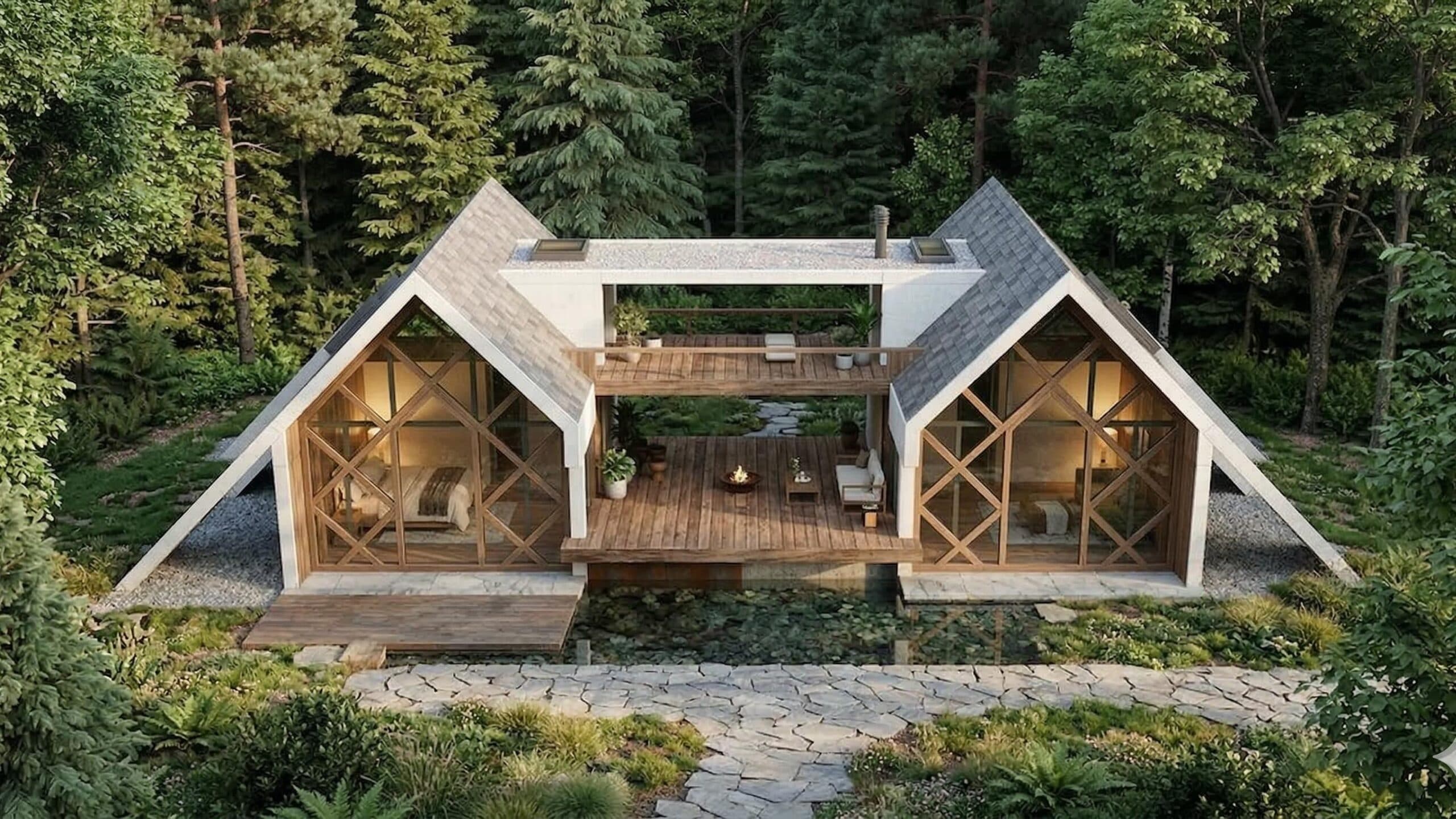 Timber cottages set in a quiet forest clearing