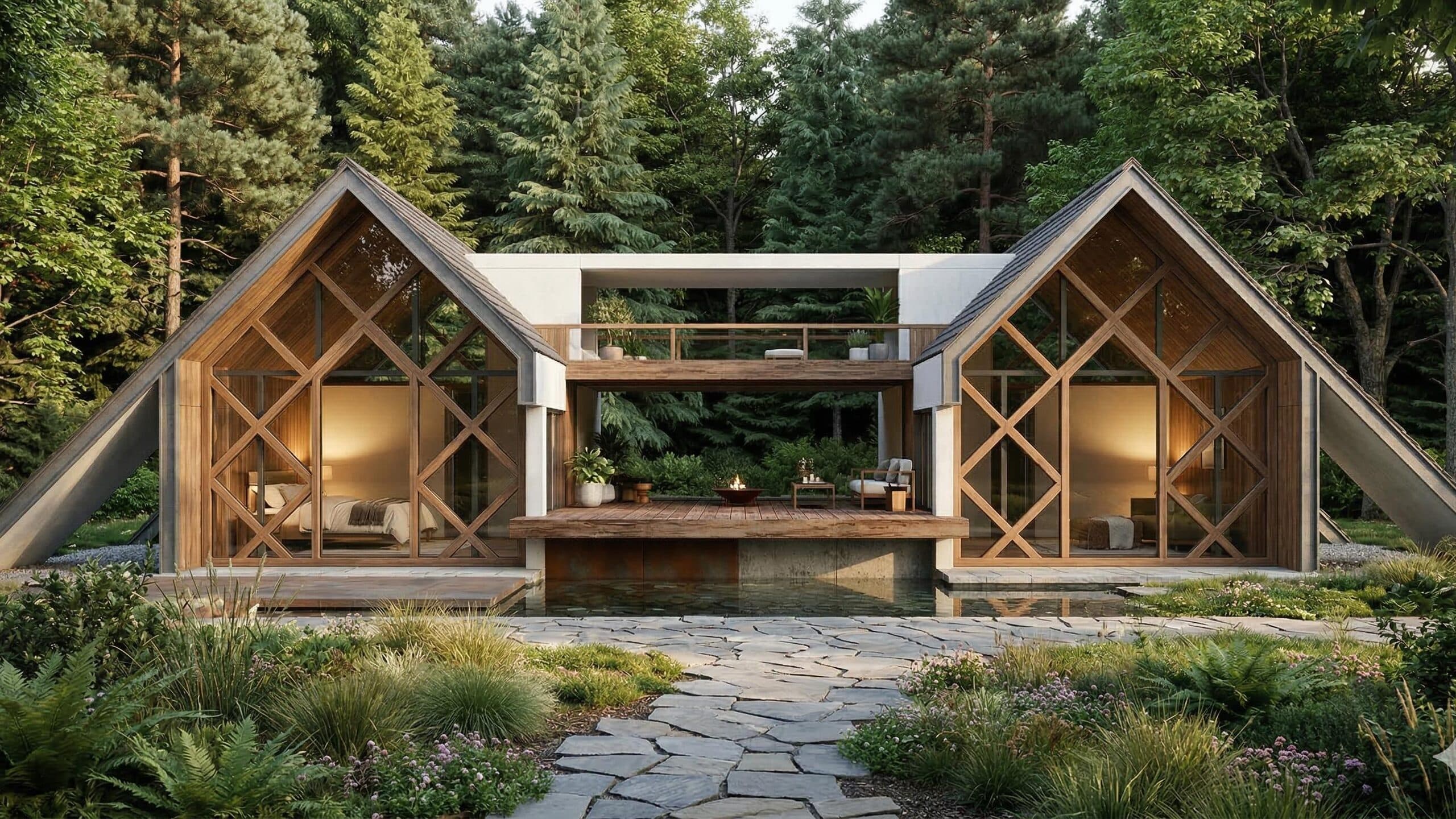Twin timber cottages reflected in a natural pool
