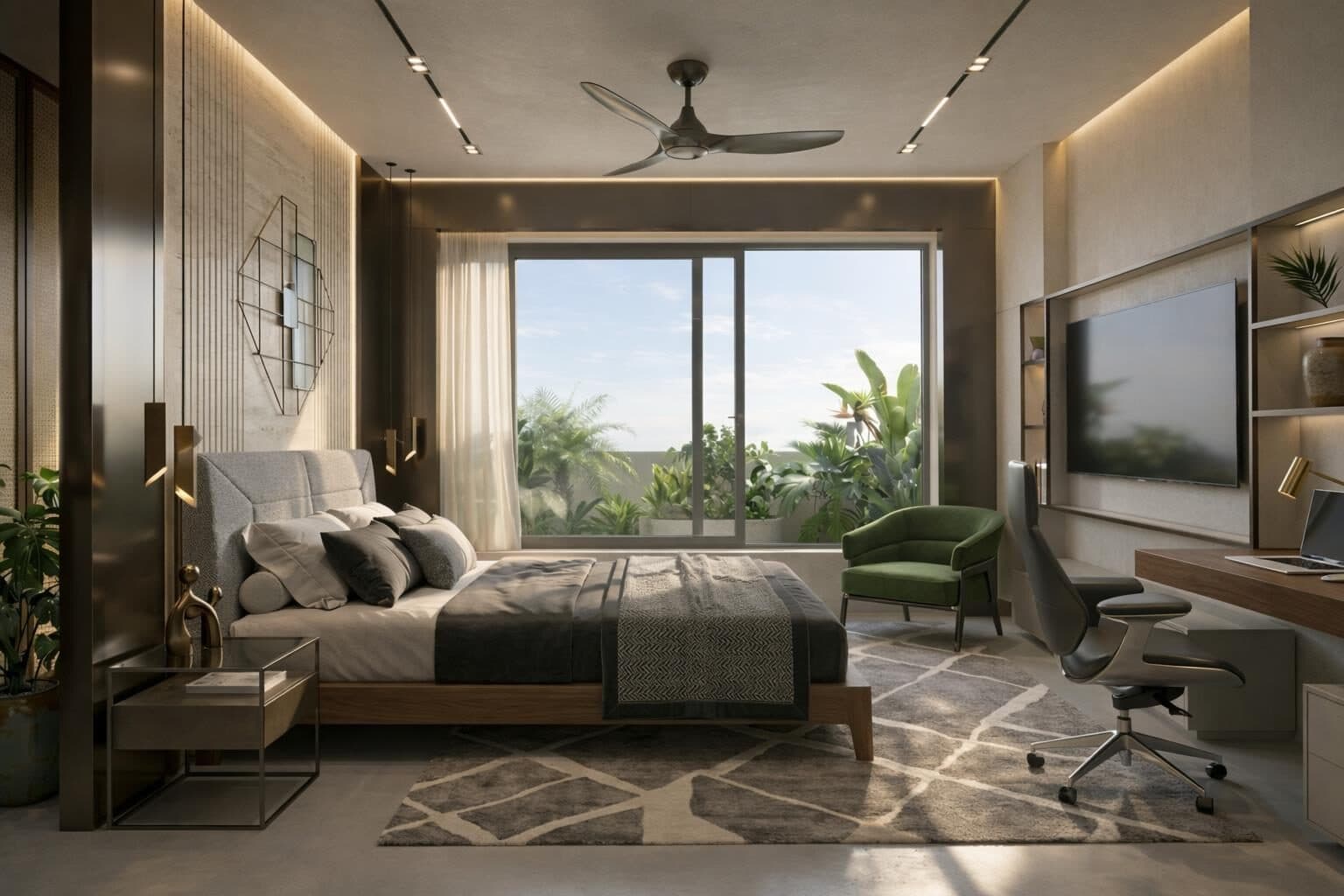Bedroom in deep tones with architectural lighting