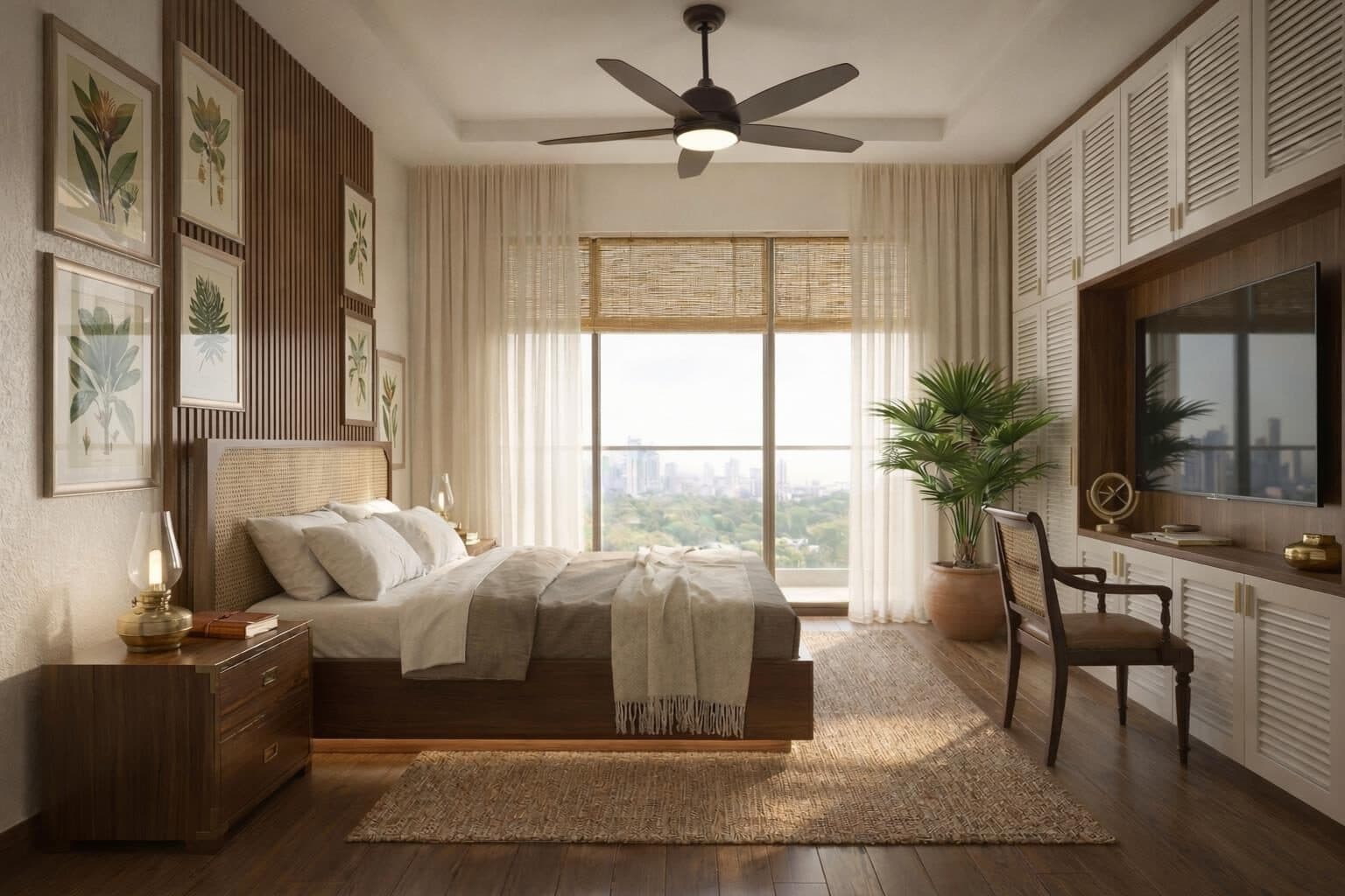 Warm minimal bedroom in evening light