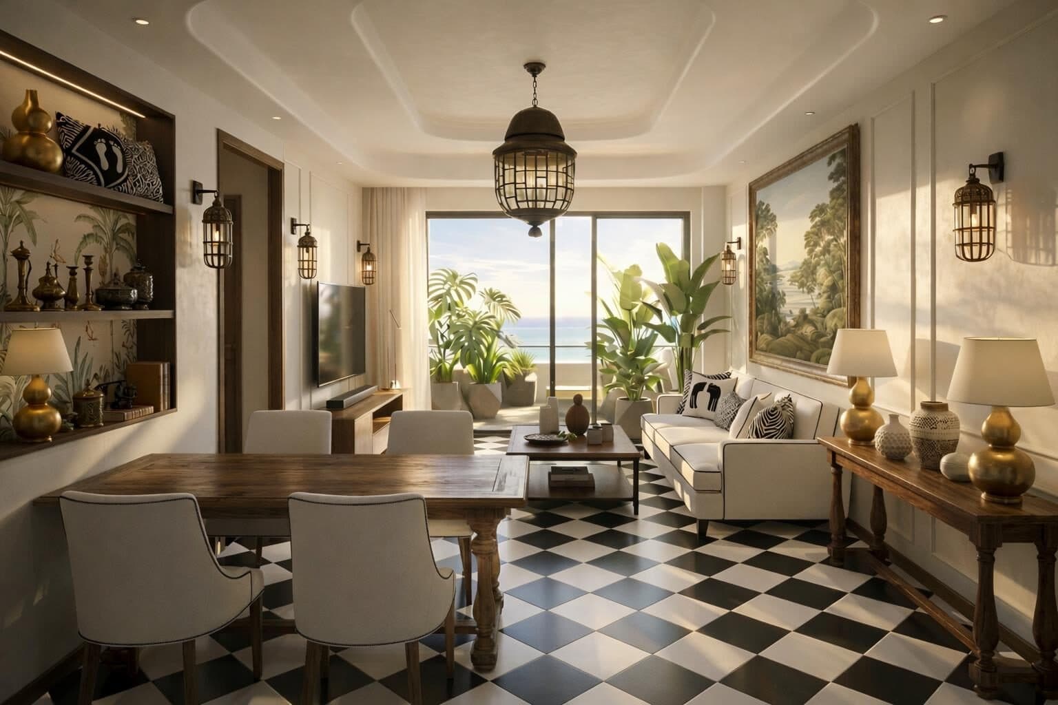 Dining room with sage seating and marble floor