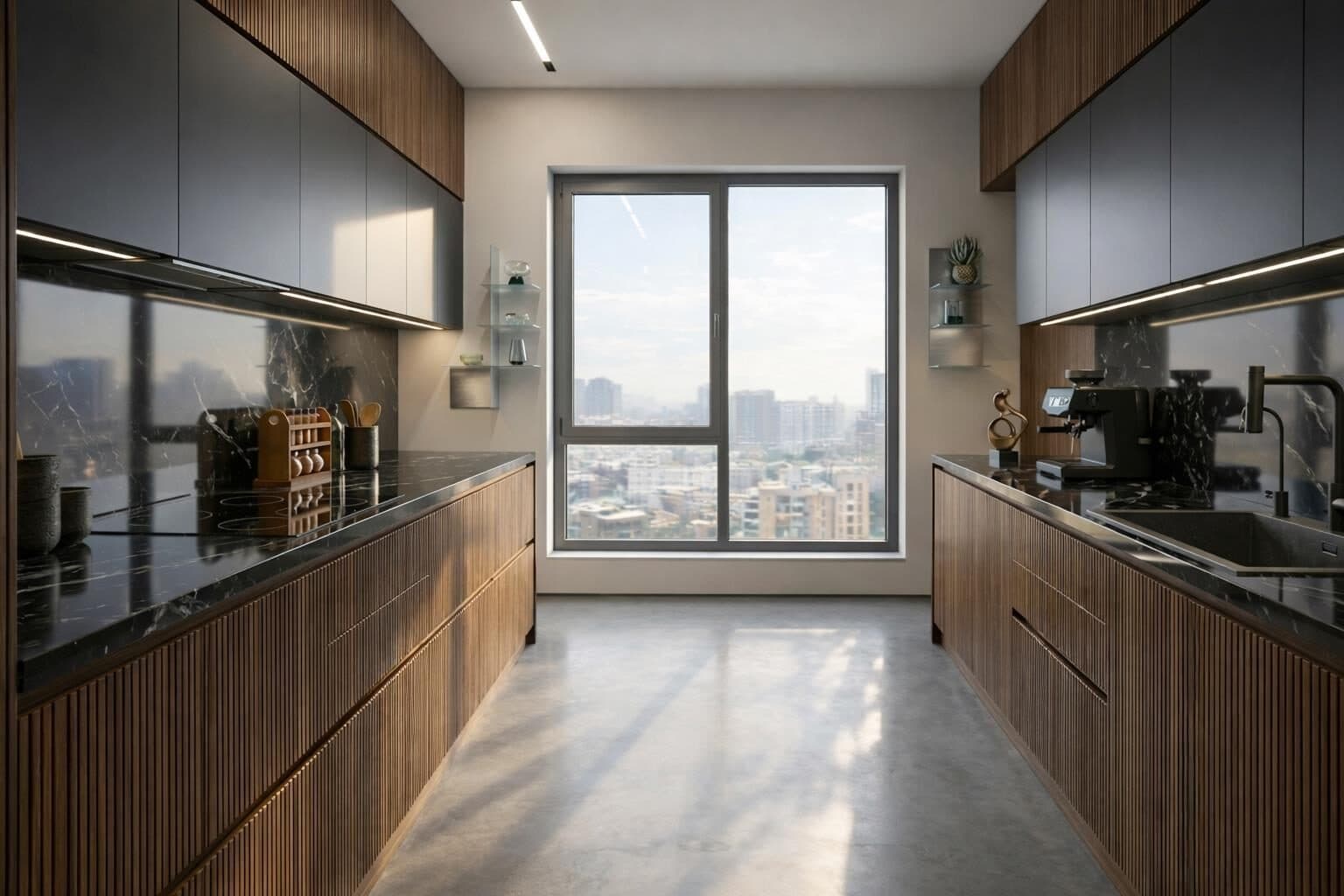 Dark timber and stone kitchen