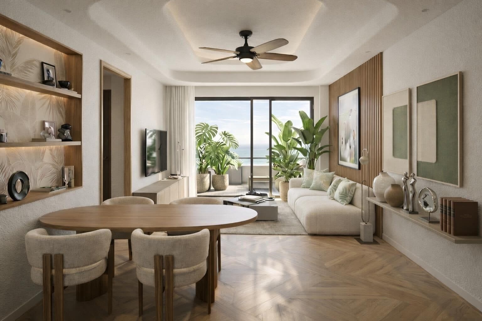 Bright living space with sculptural wood table