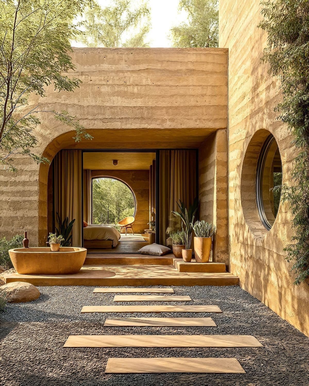 Arched rammed-earth pavilion in golden light