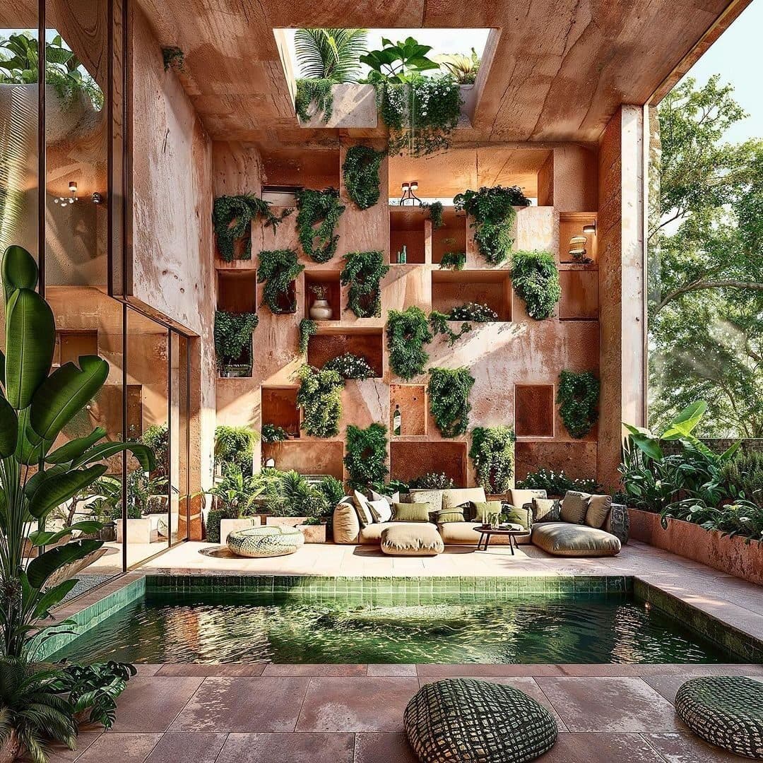 Courtyard with planted walls above a plunge pool