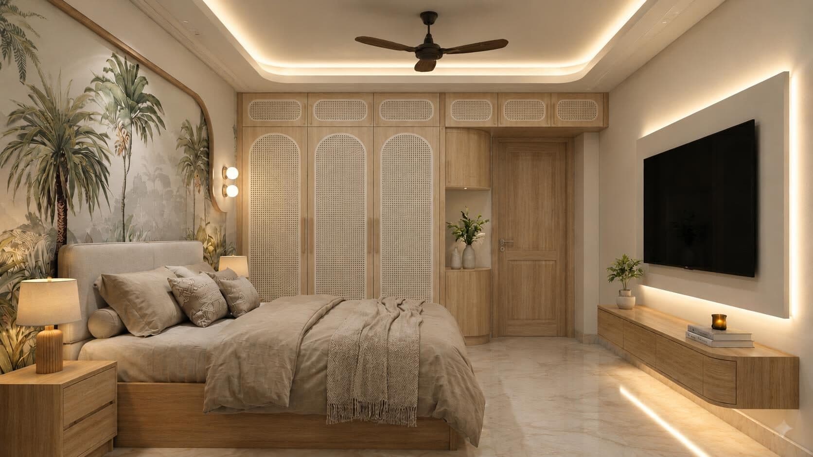 Bedroom with hand-painted palm mural