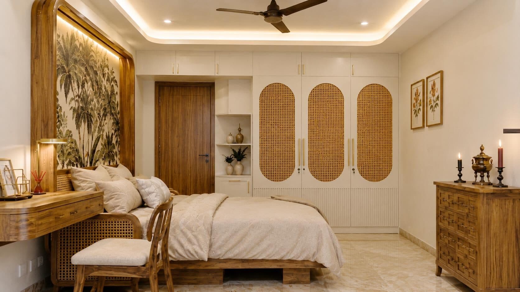 Bedroom with rattan wardrobe panels