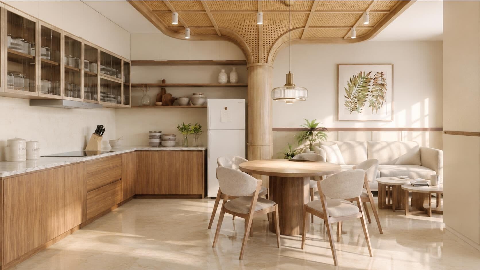 Light timber kitchen and dining with round table