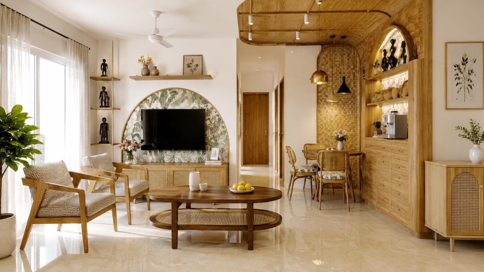 Calm living room with arched feature wall