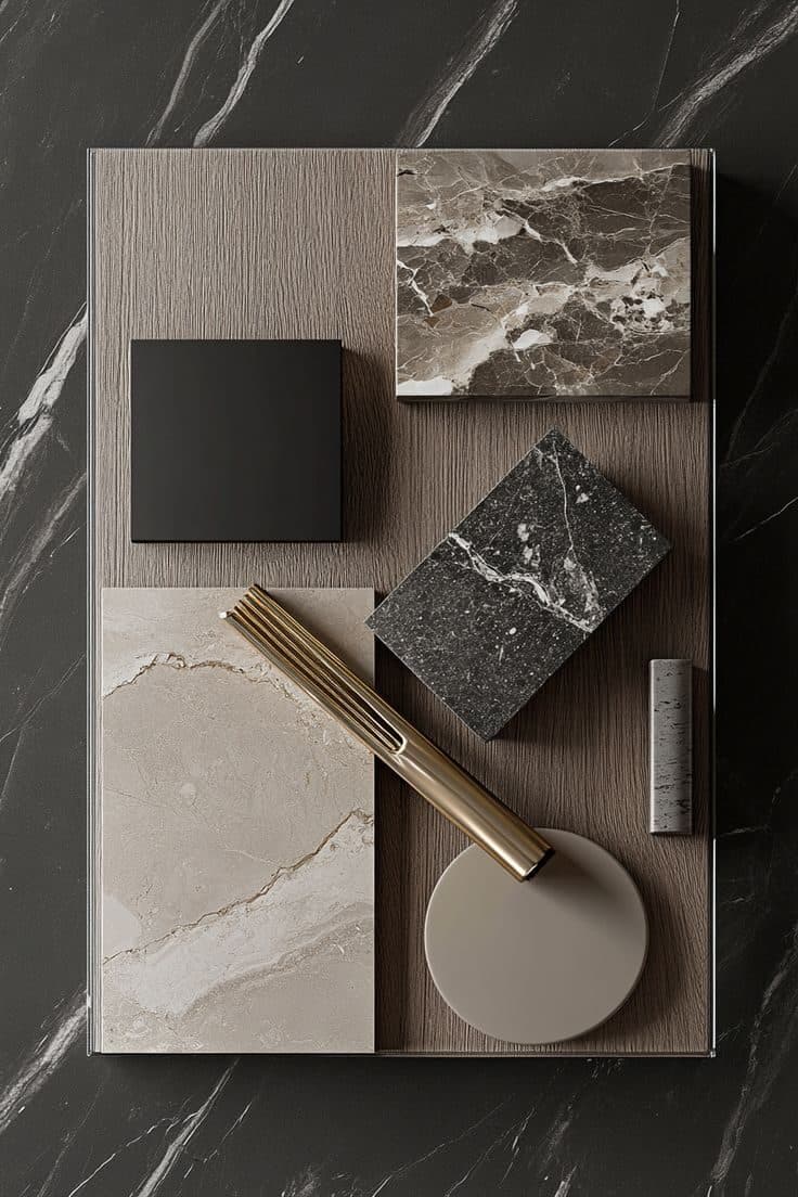 Material palette of stone, marble and bronze