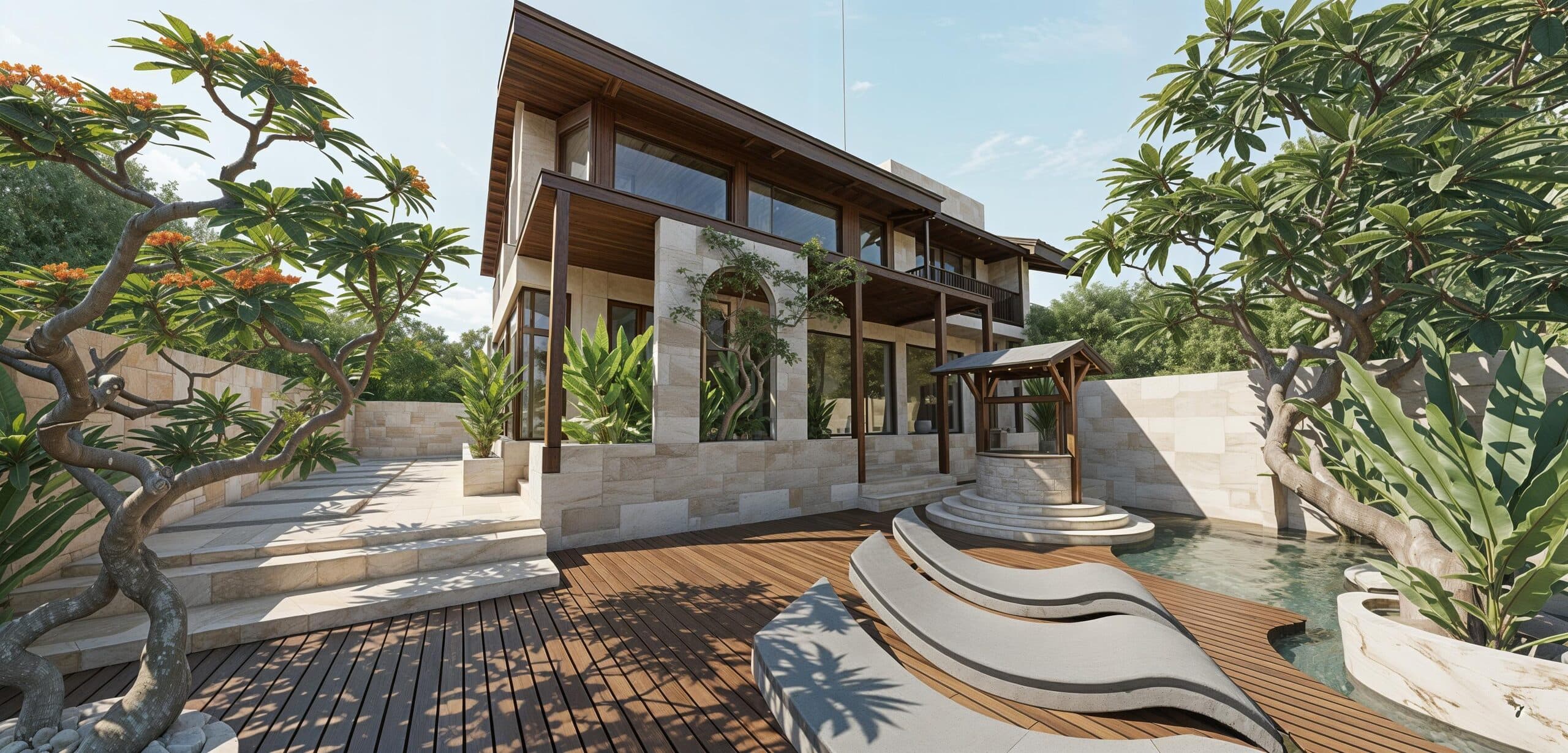 Timber pool deck with loungers at a tropical villa