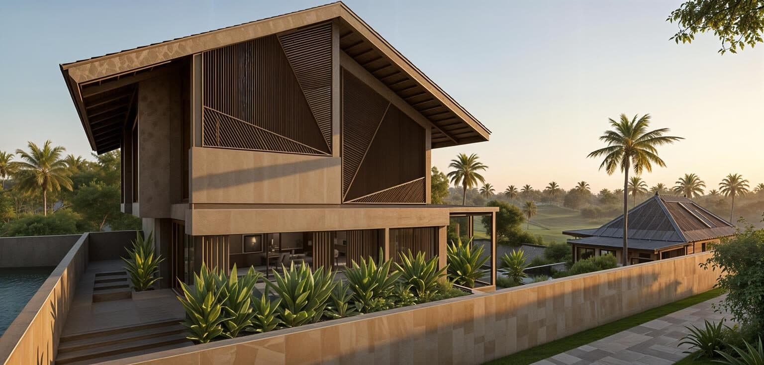 Tropical villa exterior glowing at dusk