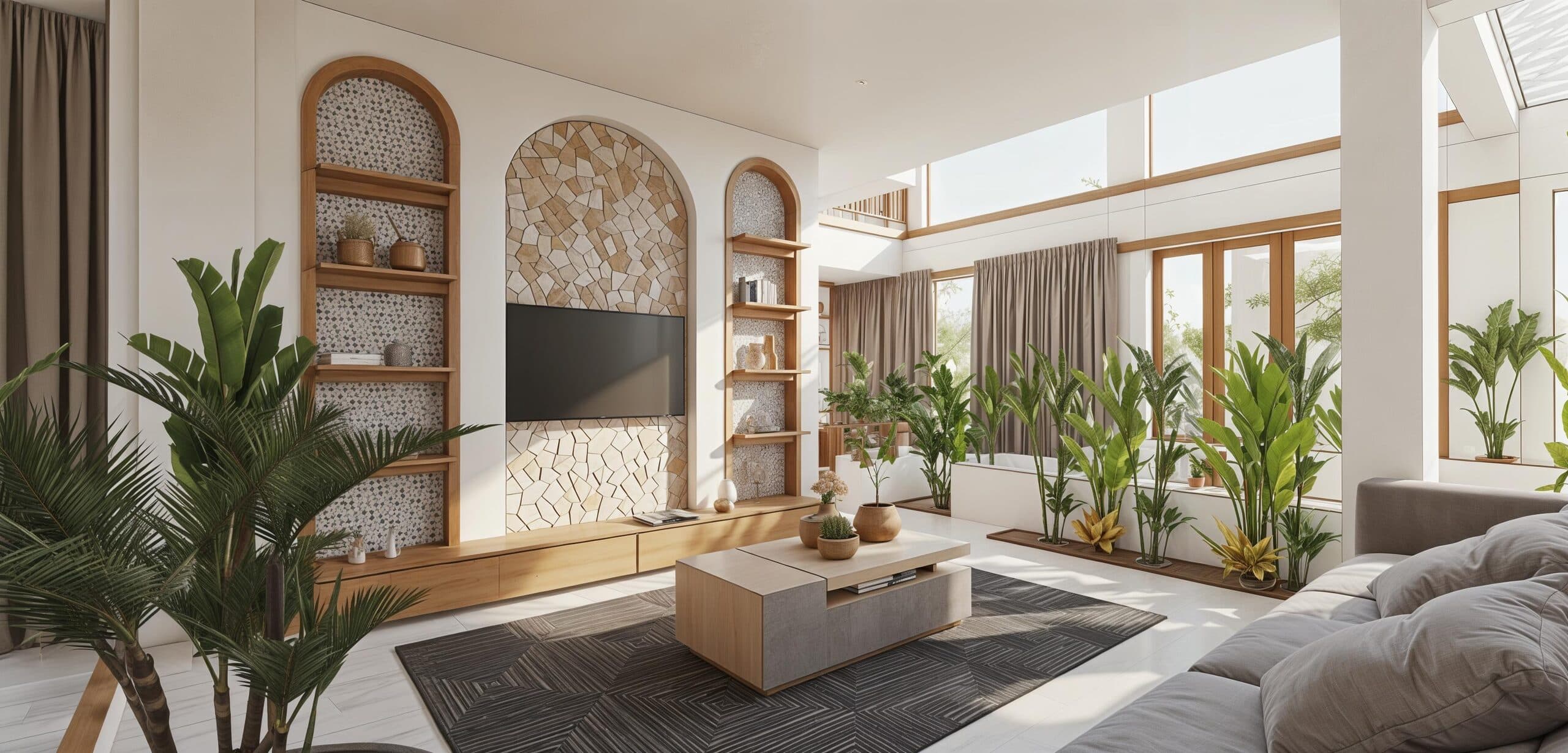 Living room with arched niches and soft daylight
