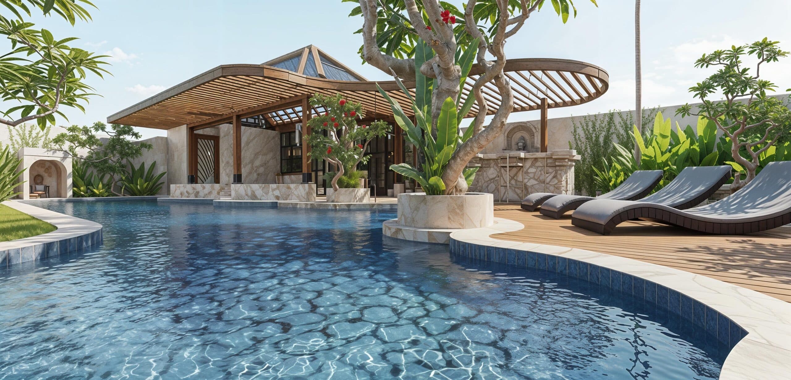 Resort pool wrapped in tropical greenery at golden hour