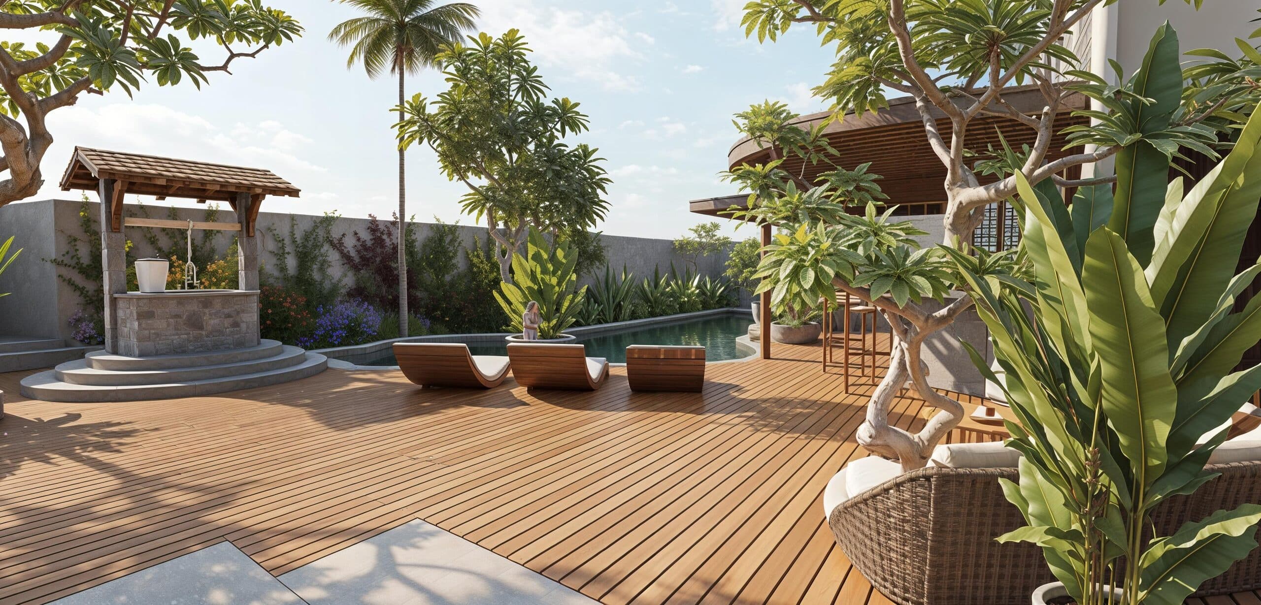 Rooftop terrace with pergola at golden hour