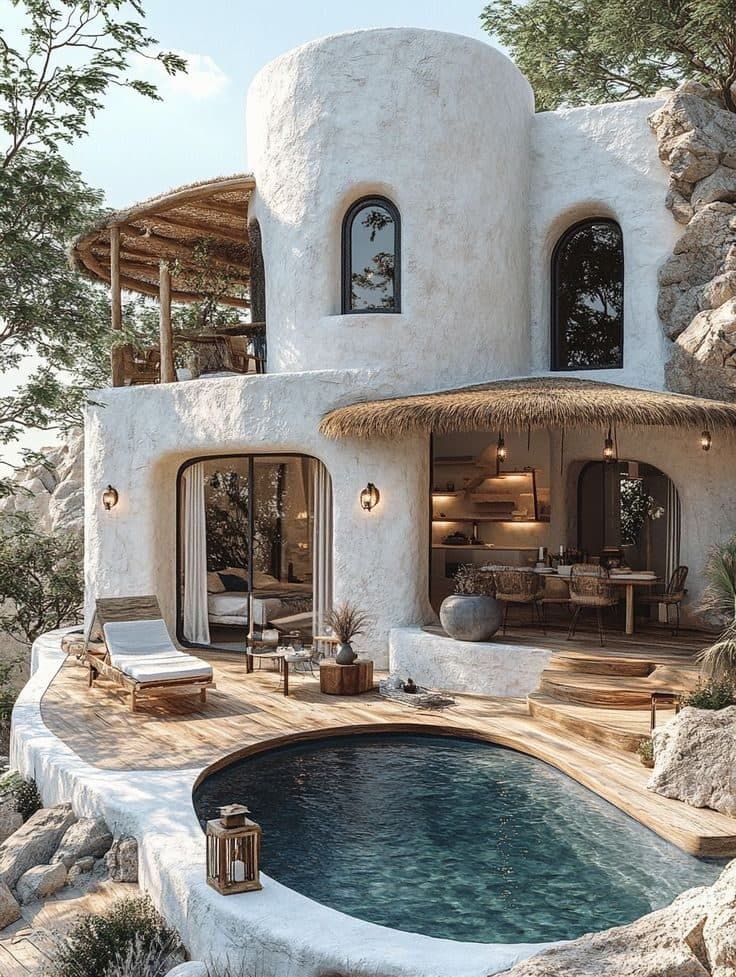White organic villa with arched openings over a plunge pool